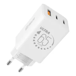   Hálózati gyors töltőfej, 2xType-C / 1xUSB, 65W, GaN, fehér, OBAL:ME OM65W2CA