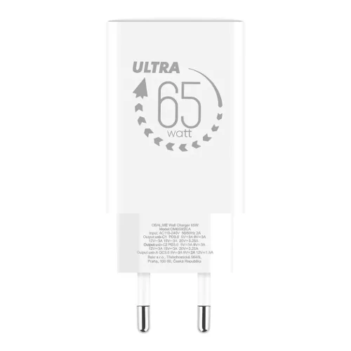 Hálózati gyors töltőfej, 2xType-C / 1xUSB, 65W, GaN, fehér, OBAL:ME OM65W2CA