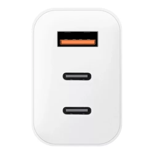 Hálózati gyors töltőfej, 2xType-C / 1xUSB, 65W, GaN, fehér, OBAL:ME OM65W2CA