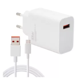   Xiaomi hálózati töltőfej 1xUSB + Type-C adatkábel, 3A / 33W, gyári, fehér, MDY-16-EF (CSOMAGOLÁS NÉLKÜLI)