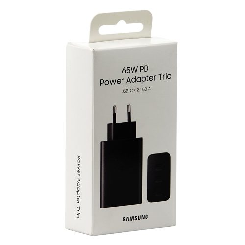 Samsung hálózati gyors töltőfej, 2xType-C / 1xUSB, 65W, fekete, EP-T6530NBEGEU (csomagolt)