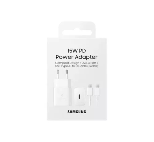 Samsung hálózati Type-C gyors töltőfej + Type-C - Type-C adatkábel, gyári, 15W / 2.4A, fehér, EP-T1510 (CSOMAGOLT)
