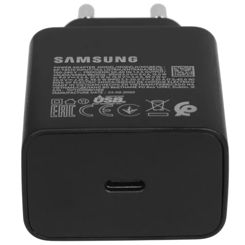 Samsung hálózati gyors töltőfej, gyári, Type-C csatlakozóval, fekete, 45W, EP-T4510EBE (CSOMAGOLÁS NÉLKÜLI)