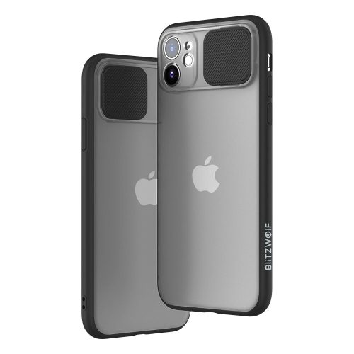 Blitzwolf BW-AY2 iPhone 11 (6,1") átlátszó ütésálló műanyag hátlap tok fekete kerettel elhúzható lencsevédővel