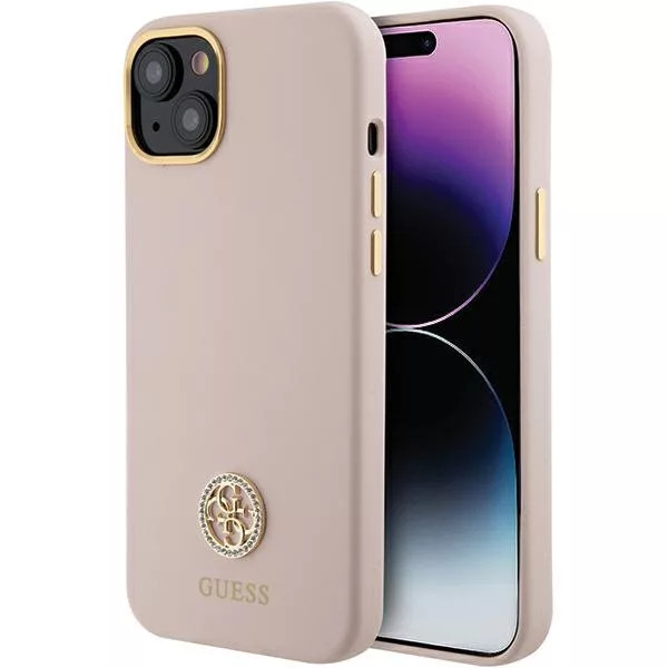 iPhone 15 (6,1") hátlap tok, szilikon, rózsaszín, GUESS Liquid Silicone 4G Strass Metal Logo (GUHCP15SM4DGPP)