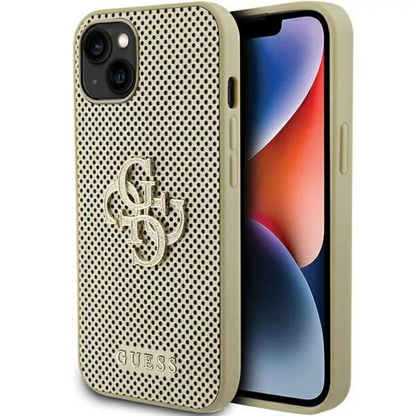 iPhone 15 Pro Max (6,7") hátlap tok, PU, arany, GUESS Perforated 4G Glitter Metal Logo (GUHCP15XPSP4LGD)