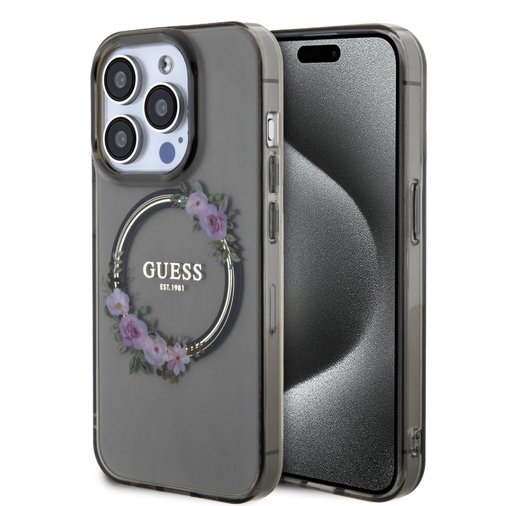 iPhone 15 Pro Max (6,7") hátlap tok, PC/TPU, magsafe, átlátszó / fekete, GUESS Flowers Ring Glossy Logo MagSafe (GUHMP15XHFWFCK)