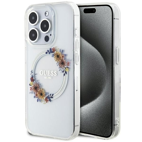 iPhone 15 Pro Max (6,7") hátlap tok, PC/TPU, magsafe, átlátszó, GUESS Flowers Ring Glossy Logo MagSafe (GUHMP15XHFWFCT)