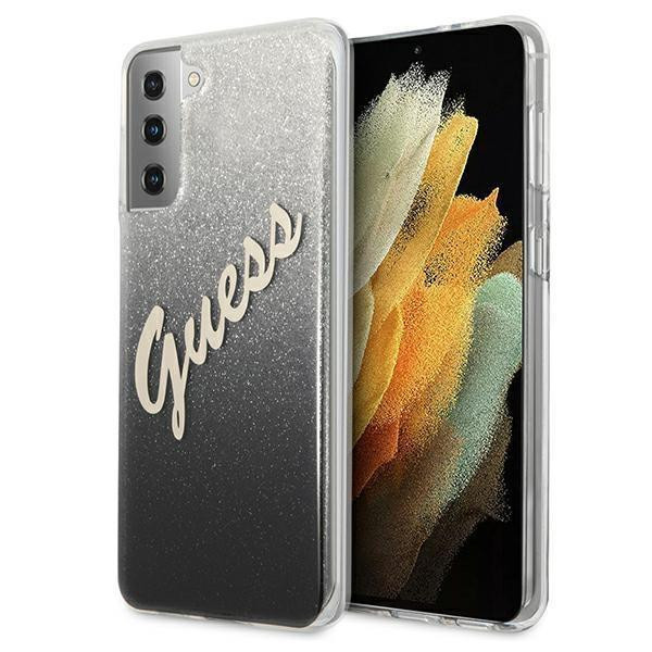 Samsung Galaxy S21 Plus hátlap tok, csillámos, ezüst-fekete, SM-G996, GUESS Vintage 