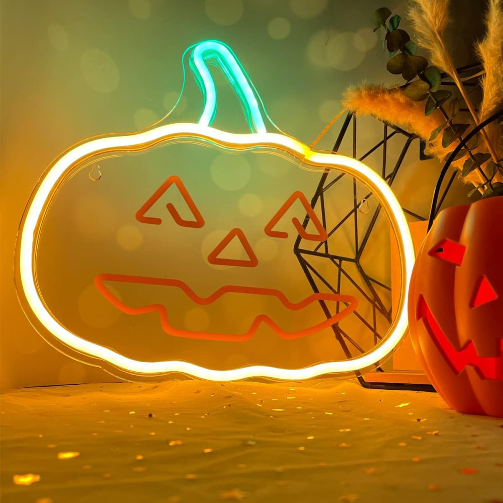 Neon plexi LED lámpa, Happy Pumpkin, falra akasztható, narancs-zöld, Forever Light FPNE10