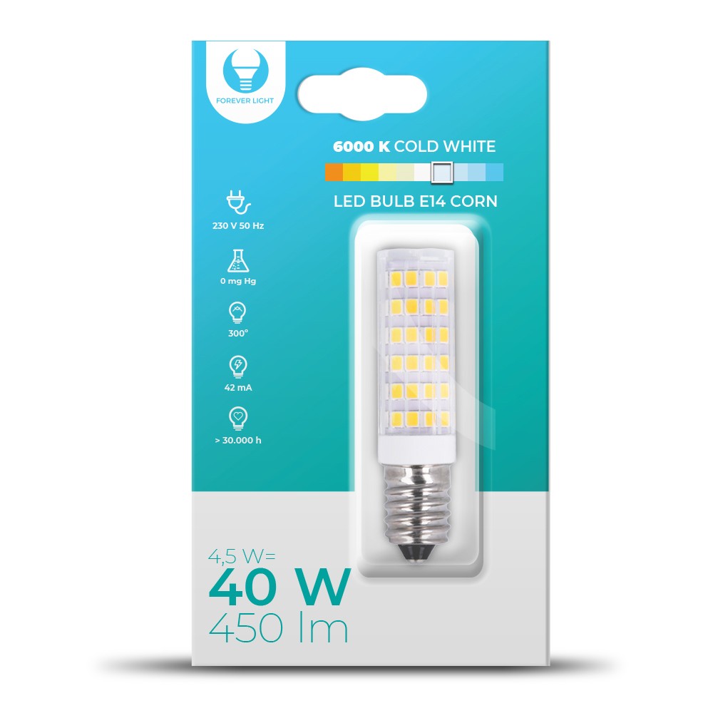 LED izzó E14 Corn, 4.5W, 6000K, 450lm, hideg fehér fény, Forever Light