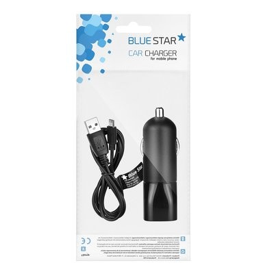 BlueStar fekete szivartöltőfej 2A + fekete micro usb kábel