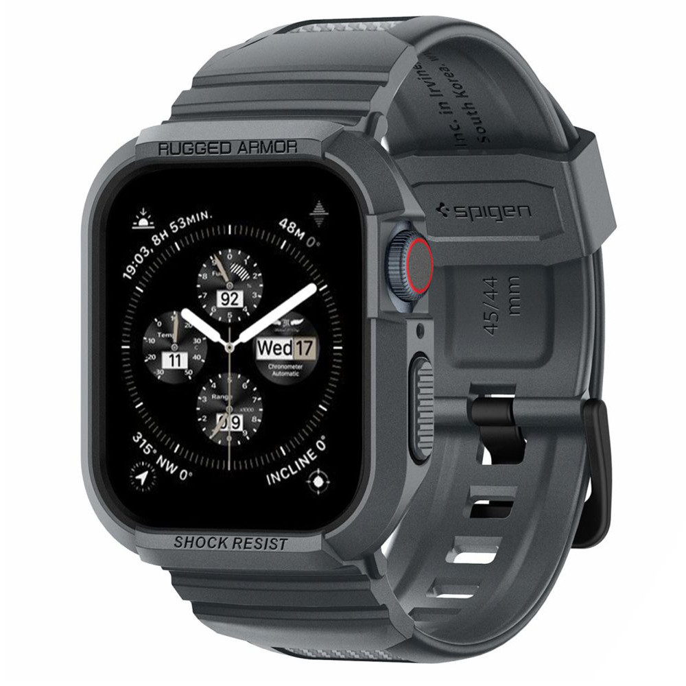 Apple Watch 4 / 5 / 6 / 7 / 8 / 9 / SE / SE 2 okosóra tok és szíj, 44mm / 45mm, TPU / szilikon, szürke, Spigen Rugged Armor Pro