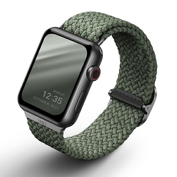 Apple Watch 4/5/6/7/SE, okosóra szíj, zöld, fonott, 38/40/41mm, UNIQ