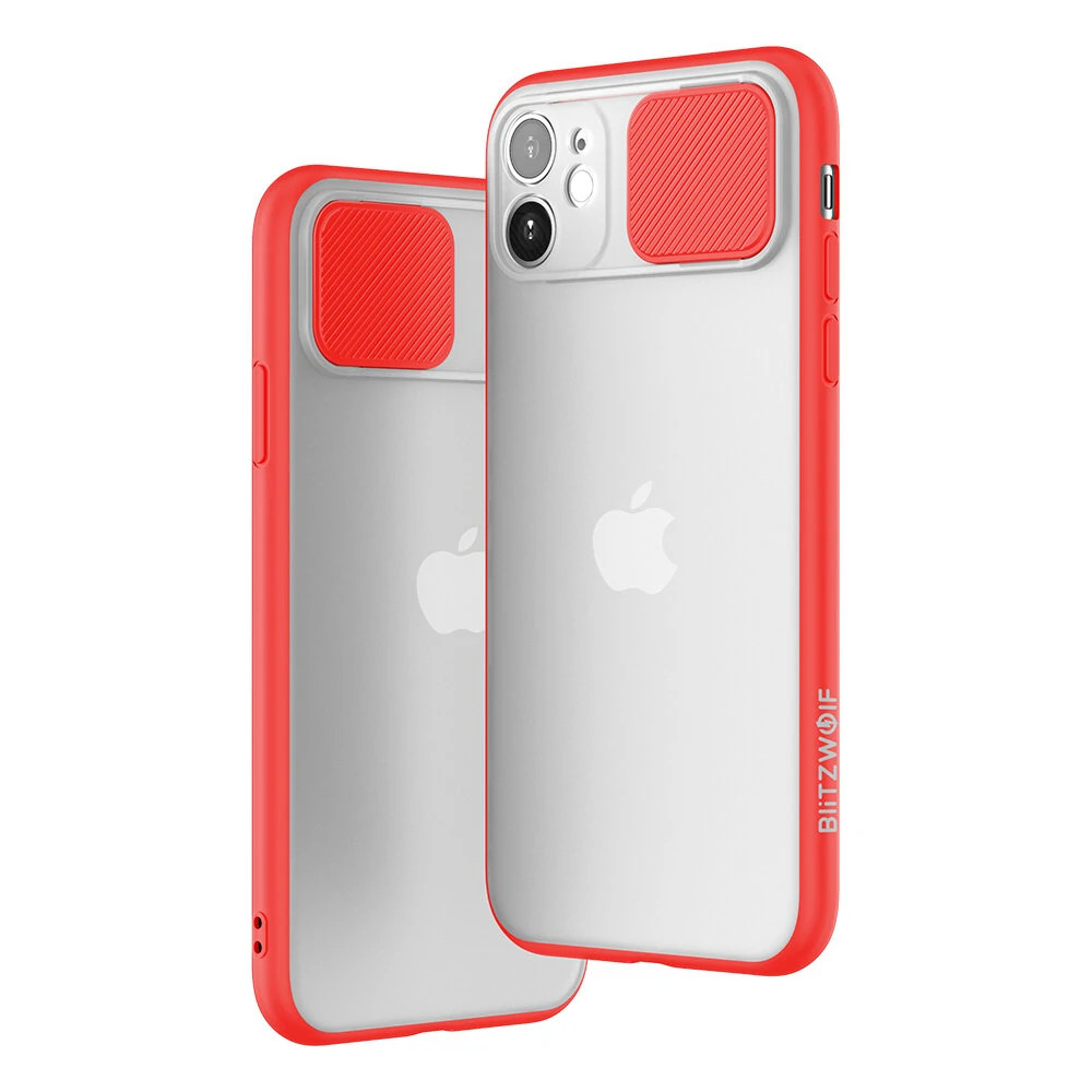 Blitzwolf BW-AY2 iPhone 11 Pro Max (6,5") átlátszó ütésálló műanyag hátlap tok piros kerettel elhúzható lencsevédővel